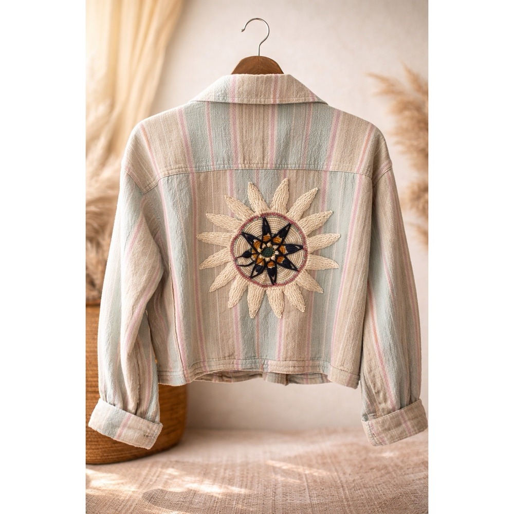 Lakhays Embroidered Jacket Sz S Boho Cotton Crop Crochet Back Patch Tribal Sun